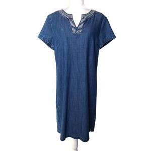 Talbots Denim Shift Short Sleeve Dress Embroidered Size: 12 Boho Cottagecore